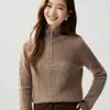 Nuevo Estilo Otoño Estilo Retro Old Money Cuello Alto Media Cremallera Suéter de Cachemir para Mujer Holgado Jersey de Punto Capa Base
