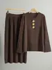 Ropa Europea Transfronteriza Otoño e Invierno Estilo Francés Hebilla Metálica Suéter de Punto Holgado Conjunto Falda Larga Plisada Elegante Estilo Europeo y Americano para Mujer