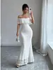 Vestido de noite longo de cauda de sereia com renda, ombro a ombro, transfronteiriço, para mulheres, com babados, ombros à mostra, justo, bodycon