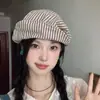 Nuevo Boina Artística Rayada de Algodón y Lino Estilo Japonés para Mujer, Primavera y Verano, Gorra de Periodista Adelgazante, Gorra de Artista Retro, de Moda