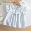 Camisas Infantis, Novo Estilo de Verão, Gola Boneca com Acabamento em Renda para Crianças, Tops com Mangas Curtas Leves, Camisas Brancas Estilosas para Bebês