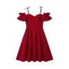 Vestido de Verano Corto Rojo sin Tirantes Hombros Descubiertos para Mujer con Mangas de Volantes, Falda de Línea A de Cintura Alta, Vestido para Reunión de Fiesta de Cumpleaños
