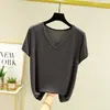 Camiseta base de modal estilo coreano para mulheres, corte solto, plus size, manga curta, adequada para usar em camadas, nova blusa primavera/verão, camiseta lisa, camiseta com decote V