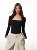 Design justo de cor sólida senso de estilo top de camada base top com decote quadrado top de uso externo feminino estação outono e inverno acinturado justo modelador de corpo manga longa roupa íntima
