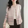 Outono/Inverno Novo Moda Primavera/Outono Suéter Solto Jaqueta Retrô Gola Redonda Elegante Tricô Jacquard Cardigã Top Versátil