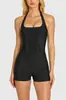 Body Ajustado al Cuerpo que Resalta las Caderas Chica Atrevida Negro Cuello Halter Mono Corto Cuello Cuadrado de Mujer Ajustado Ceñidor de Cintura Moldeador Textura de Rayas Horizontales