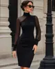 Vestido de malla con retazos de moda transfronteriza para mujer europeo y americano, con cuello alto, mangas abullonadas, corte ajustado, falda ceñida al cuerpo, vestido de noche