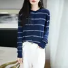 Cárdigan de punto de rayas finas estilo coreano para mujer, top de punto fino de manga larga con cuello redondo para primavera y otoño, suéter base adelgazante, punto fino