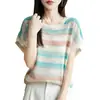 Top de punto de seda helada inspirado en lo vintage con rayas coloridas, moderno y juvenil, camiseta de manga corta fresca y estilizada