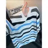 Camiseta de Punto a Rayas para Hombre, Verano Delgado Hueco, Manga Corta, Holgada Casual Versátil, Marca de Tendencia Estilo Americano