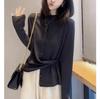 Suéter feminino de cashmere fino com gola redonda e mangas compridas, com design vazado, estilo japonês e coreano, para primavera e outono, soltinho, de lã tricotada, para usar por baixo