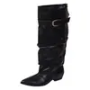 Botas altas de tacón alto con punta y caña ancha, estilo europeo y americano, plisadas, nuevas para mujer, botas largas para mujer 2026, tacón grueso de moda