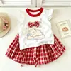 Conjunto de Dos Piezas para Niña de Verano: Camiseta Dulce con Mangas Volantes y Falda de Cuadros Estilo Bud, Moda Coreana Dulce y Linda para Niños