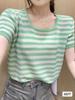 Verano Nuevo Diseño Sentido Raya Horizontal Ajustado Adelgazante Manga Corta Elegante Cuello Redondo Camisa Tejida Camiseta Top Base para Mujer