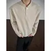 Camiseta masculina da moda estilo outono, manga longa, estilo old money, patchwork americano, gola alta, base de linho