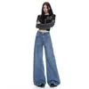 Jeans vintage de pierna ancha lavados con patrón de bambú azul para mujer, con un diseño único en la cintura trasera, bolsillos con solapa, detalles bordados y un corte de algodón hasta el suelo