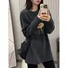 Camiseta Térmica Feminina com Acabamento Escovado, Manga Longa, Comprimento Médio Cobre o Bumbum, Estilo Coreano, Top Casual Solto, Camada Base, Outono 2026