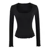 Camiseta básica de manga larga con cuello cuadrado, estilo de chica hot puramente seductor para mujer, agradable para la piel, fina, versátil, ajustada, que realza la figura, camiseta base ajustada