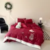 Juego de Cama de Cuatro Piezas con Bordado de Panda de Estética Oriental Estilo Chino, Ropa de Cama y Funda Nórdica Amigables con la Piel y de Textura Delicada