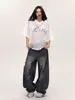 Camiseta de Malha com Estampa de Letras Estilo Americano, Decote V, Manga Curta para Mulheres, Blusa Curta Vazada de Verão, Peça para Cobrir Solta para Homens e Mulheres