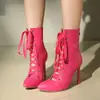Sandalias de cordones estilo europeo y americano con punta de pez, tacones de aguja de verano para mujer, botines huecos, zapatos de baile de jazz, sandalias de tacón alto, disponibles en tallas grandes