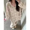 Conjunto de pijama para mujer de manga larga y pantalón largo, de algodón suave tipo anti-bolitas, se puede usar afuera como ropa casual para estar en casa. (Oro