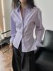 Nova Camisa Listrada Vazada Estilo Coreano Estilo Designer Primavera e Verão Silhueta Top Sexy Emagrecedor para Mulheres