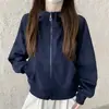 Top casual curto azul para mulheres, cardigã de outono com zíper e manga longa, solto e modelador, jaqueta moletom com capuz estilo coreano