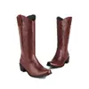 Botas de couro de cor sólida com salto quadrado 35-48 outono e inverno transfronteiriças de salto médio de cano alto para mulheres bico fino versátil sem cadarço botas western