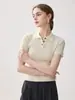 Camiseta de Lã Feminina de Verão Novo Estilo Slim-Fit Cor Sólida com Gola Reversível e Manga Curta, Fashion e Versátil
