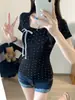 8529 # Camiseta de manga corta de verano nueva de estilo dulce con estampado de lunares, retazos de lazo para mujer con almohadilla para el pecho fija