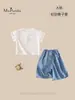 Xiafan Verano Nuevo Estilo Conjunto Infantil y para Niños Pequeños Clase A Conjunto de Dos Piezas Versátil Camiseta de Manga Corta y Pantalones Capri de Mezclilla