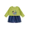 Cy268026 Conjunto de Camiseta e Shorts Jeans para Meninas 2026 Primavera Novo Estilo Coreano Infantil Manga Longa Casual Desenho Animado
