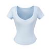 Camiseta top feminina de manga curta lisa estilo francês slim, pura desejo, quente, sexy, gola V profunda, estilo estrangeiro, blusa de base, atacado
