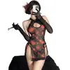 Lencería Erótica Tallas Grandes, Cheongsam Estampado Retro con Ribete de Encaje, Aberturas Laterales, Sexy Cuello Halter, Espalda Descubierta, Camisón Transparente