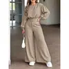 Moda Casual Feminina: Top Curto Decote V Manga Lanterna, Calça Wide Leg Cintura Alta, Roupa Diária, Conjunto de Outono