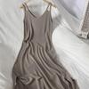 Vestido de talla extra grande para chica gordita, estilo coreano, color sólido, vestido de verano para mujer, versátil, con tirantes y falda dividida
