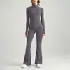 Conjunto de roupa de yoga Lulu-style dupla face escovada para mulheres, jaqueta com zíper dourado, conjunto de calça de cintura alta levanta bumbum microflare