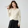 Cardigan de Tricô de Caxemira com Listras Verticais para Mulheres, Tricô Trançado, Manga Longa, Gola Redonda, Corte Justo, Fino, Cardigan Elegante para Camada Base