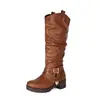 Estilo retro europeo y americano, botines con volantes, detalle de hebilla de cinturón, botas Western de caña alta, botas de tacón medio grueso, tallas 40-45, talla grande, botas de calidad de exportación