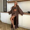 Conjunto de pijama de tres piezas para mujer, de satén cruzado OZON de seda simulada, otoño/invierno 2026, manga larga, pantalón largo, ropa de estar en casa