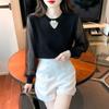 Suéter de malha com costura estilo estrangeiro feminino 2025 primavera nova moda manga comprida pequena camisa base top atacado