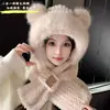 Chapéu e Cachecol de Urso Tudo-em-Um Feminino de Inverno Quente e Fofo Pelúcia Ciclismo Conjunto de Duas Peças Chapéu e Cachecol à Prova de Vento de Inverno