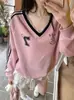 Sudadera de Empalme a Rayas con Encaje, Manga Larga para Mujer, Cuello en V, Otoño e Invierno, Talla Grande, Diseño Dulce, Top con Capucha de Nicho