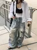 Nuevo Estilo de Verano del Louvre Estilo Callejero Retro Americano Jeans Lavados Rasgados Resistentes Pantalones Largos de Pierna Ancha para Mujer
