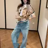 Cardigan de Tricô de Lã Feminino Leatherc, Estilo Outono Old Money, Top Suéter Falso Duas Peças com Patchwork de Linho e Gola Alta