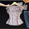 Elegante camisa de cuello estampado morado para mujer, estilo verano con lazo en la espalda y diseño entallado en la cintura, top de manga corta deslumbrante y elegante para mujer