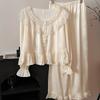 2025 Nuevo Estilo Estilo Dulce Romántico Francés Pantalones de Manga Larga con Volantes Pijama de Seda de Hielo Ropa de Casa para Mujer para Uso Exterior