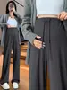 Pantalones casuales ajustables de cintura elástica para maternidad con tela de rayas verticales de tacto frío, versátiles para ir al trabajo y para uso en casa, pantalones de pierna ancha hasta el suelo para mujer