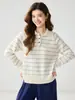 Suéter de Cashmere com Gola Listrada para Mulheres, Novo Outono/Inverno 100% Cashmere Puro Tricô, Versátil Blusa Básica de Caimento Solto